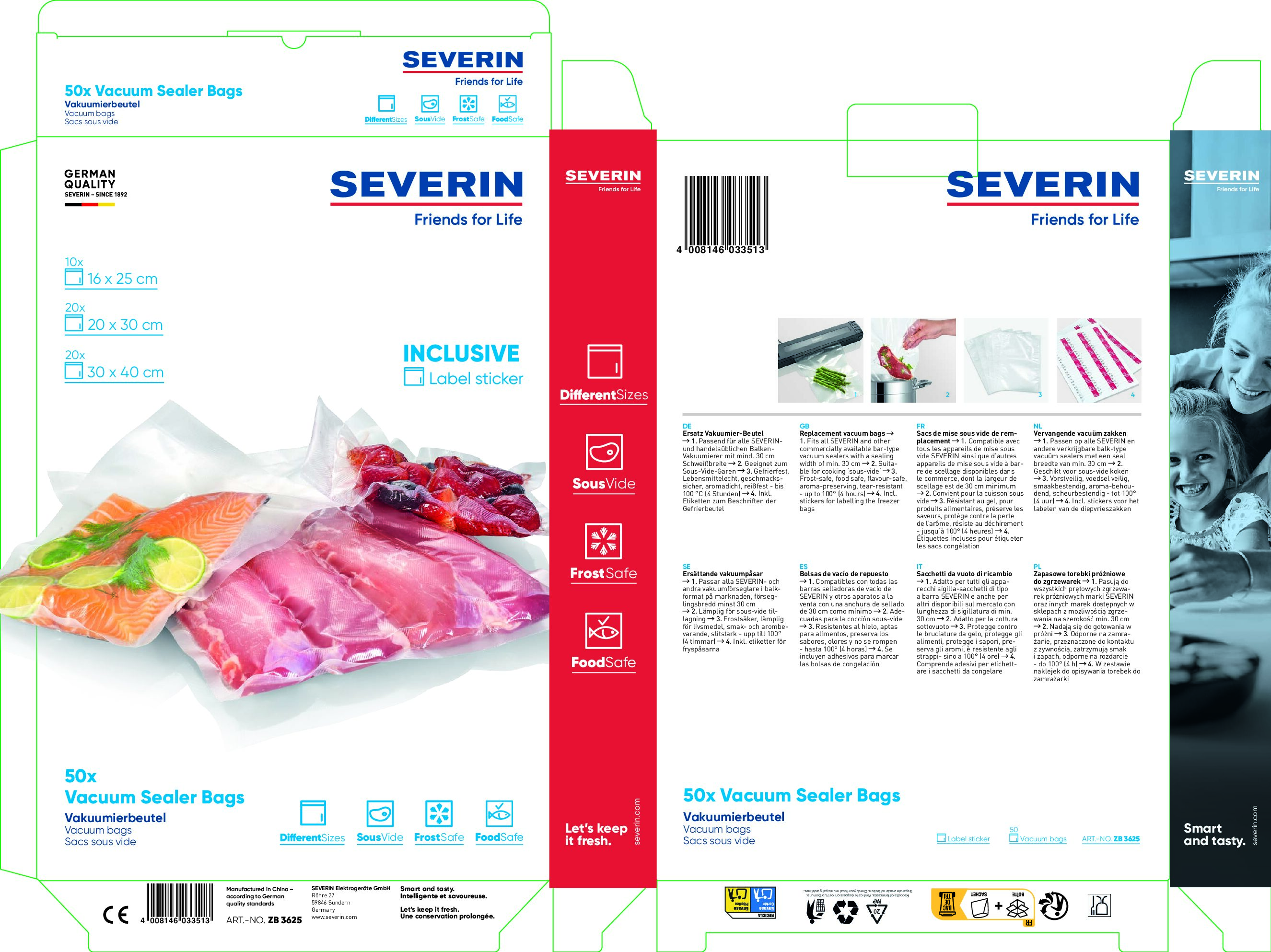 SEVERIN - Gemengde reservetassen Set voor FS 3601, FS 3609 en FS 3611, 10 Small 16 x 25 cm, 20 Midsize 20 x 30 cm en 20 Large 30 x 40 cm  - art. ZB3625